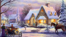 Christmas Art painting winter snow cottage horse 4k