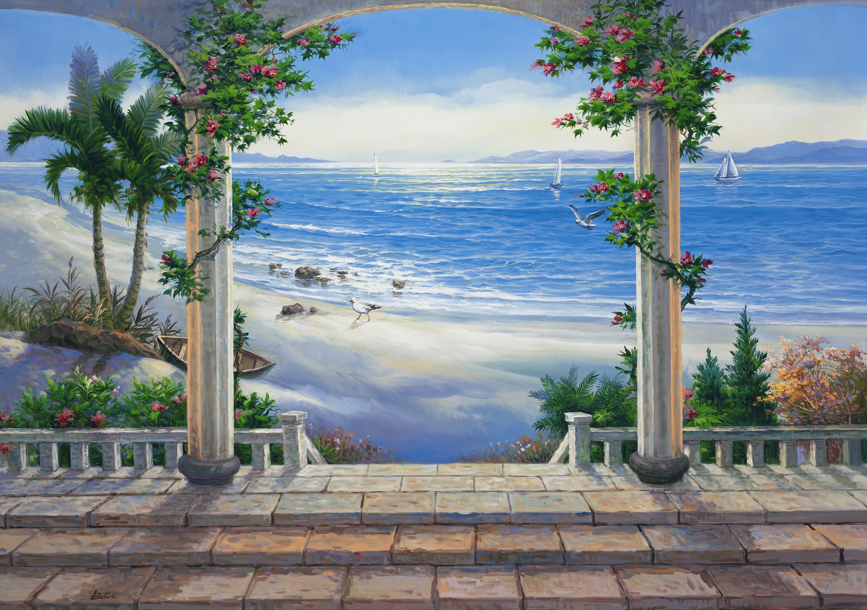 Арка море. Фреска Аффреско арка море. Фреска Райский сад с колоннами. Морской пейзаж на стене. Роспись стен морской пейзаж.
